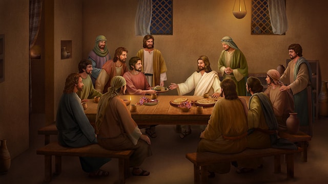 Nach Seiner Auferstehung isst Jesus Brot und erklärt die Schrift und die Jünger geben Jesus gebratenen Fisch zu essen